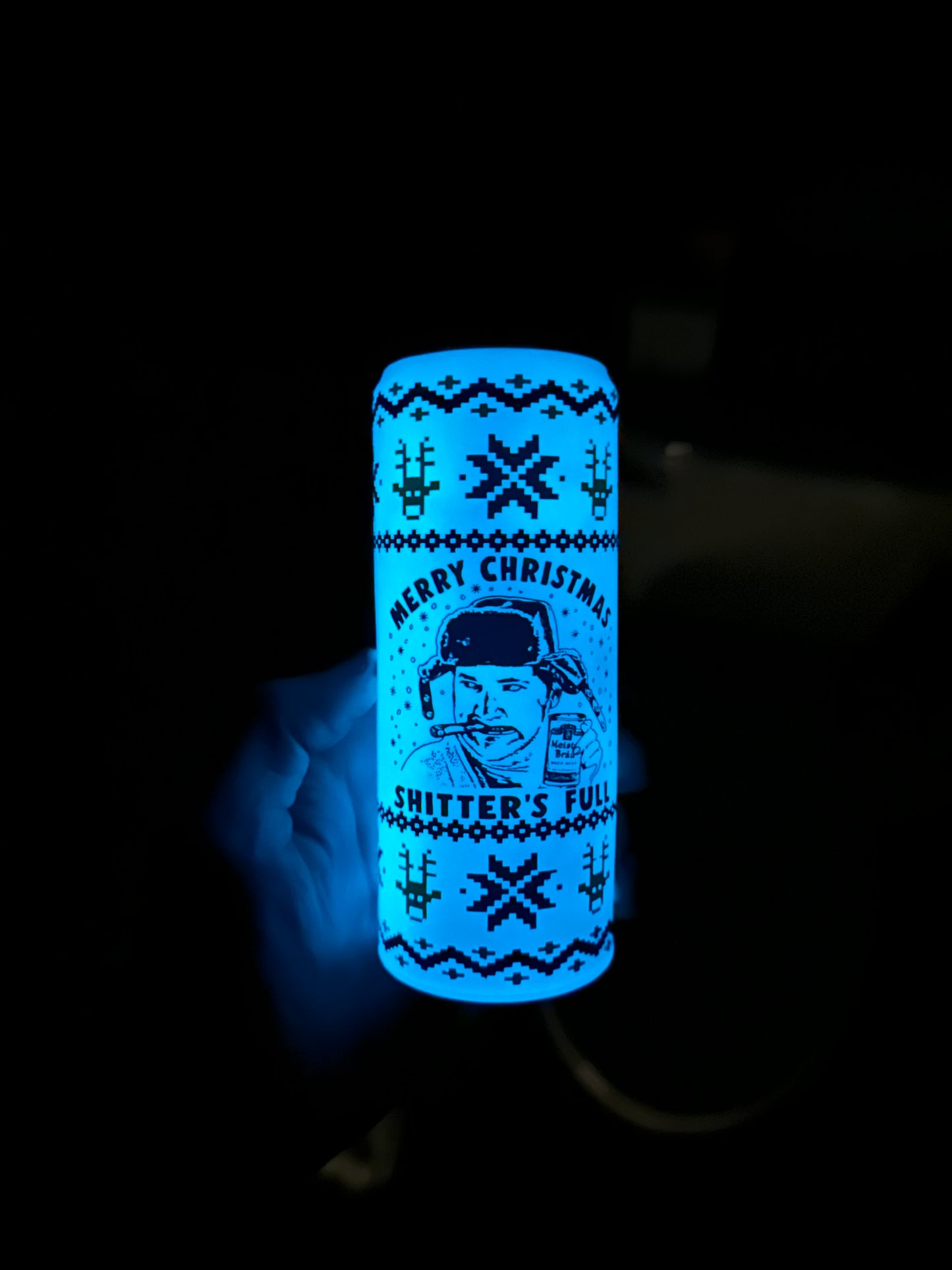 Merry Christmas Shitters Full Beersy Silicone Sleeve Hide-a-Beer Can Cooler (GLOW IN THE DARK)
