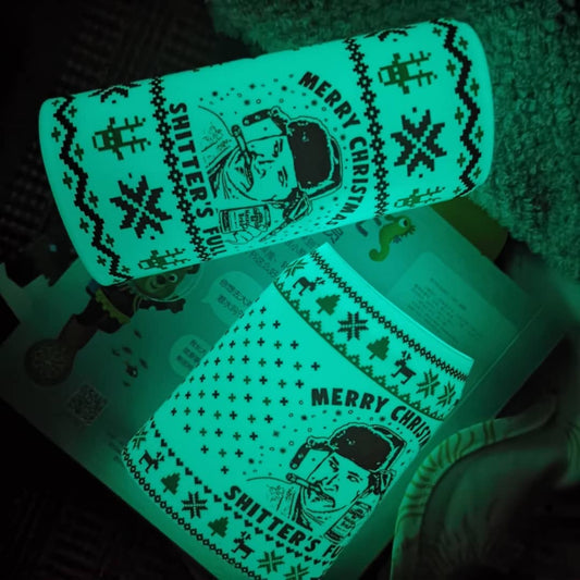 Merry Christmas Shitters Full Beersy Silicone Sleeve Hide-a-Beer Can Cooler (GLOW IN THE DARK)