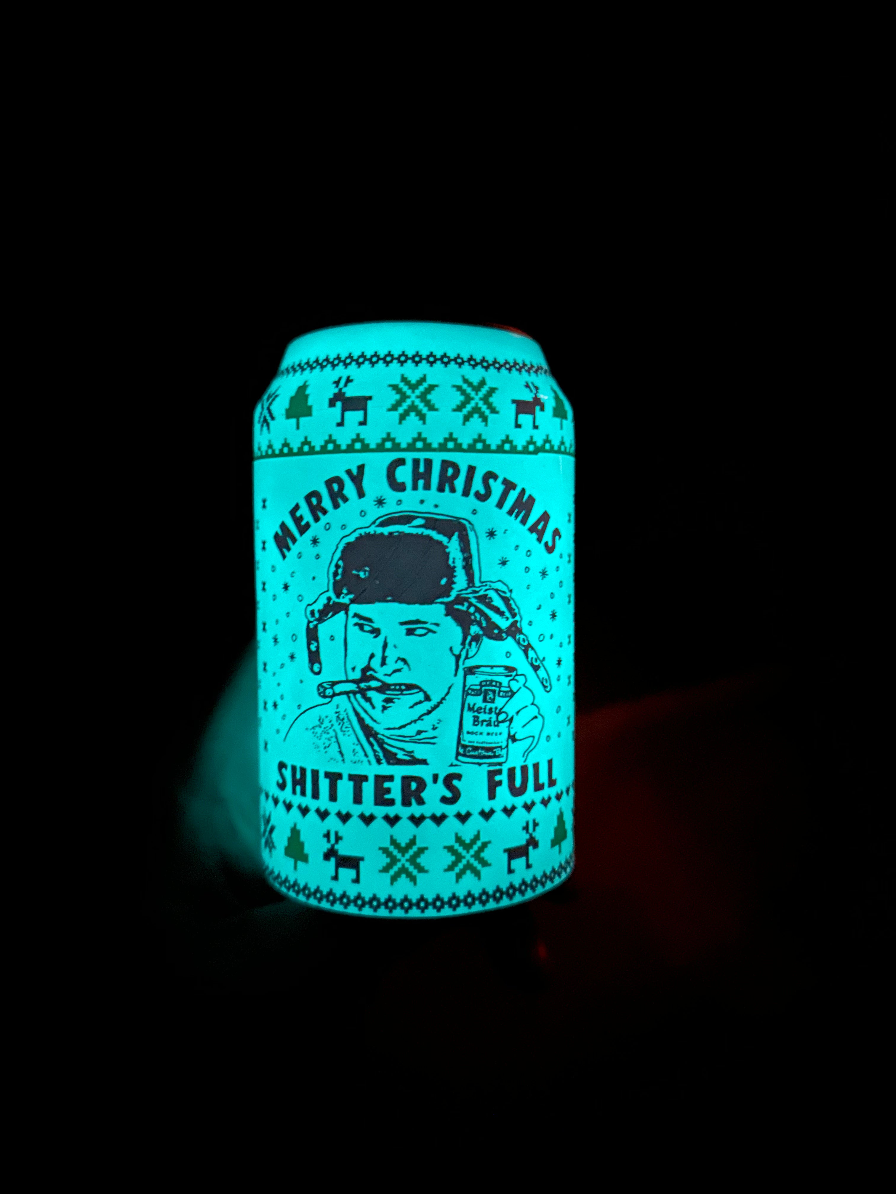 Merry Christmas Shitters Full Beersy Silicone Sleeve Hide-a-Beer Can Cooler (GLOW IN THE DARK)